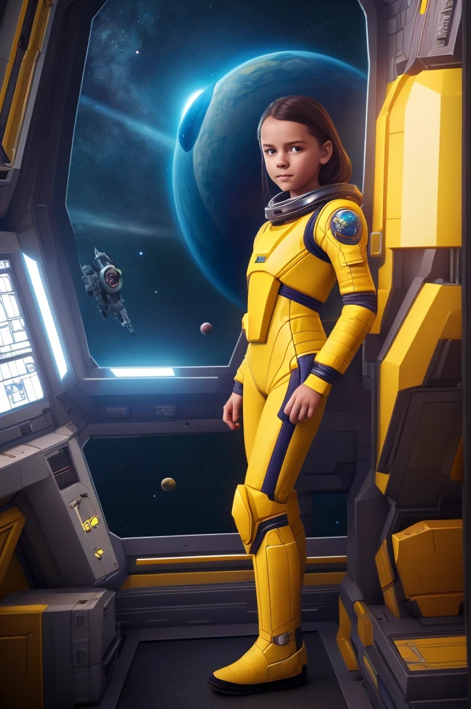 (***********, ************, Brown hair, photorealistic, pale skin), (smile with teeth:0.3), (yellow (eyes:1.2)), (slim build:1.3), (fantasy space suit), beautiful face, symmetrical face, greg rutkowski, Wlop and Sam Kuvshinov, (wide), blonde eyelashes, large iris, large pupil, whole body, floating at the bottom of the cosmodrome, art station, 8k, Science fiction, pastel colours, accessories, panel, concept, futuristic, grumble, simon stalenhag, space, in outer space, a spaceship in the sky, technological blocks