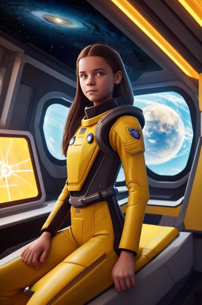 (***********, ************, Brown hair, photorealistic, pale skin), (smile with teeth:0.3), (yellow (eyes:1.2)), (slim build:1.3), (fantasy space suit), beautiful face, symmetrical face, greg rutkowski, Wlop and Sam Kuvshinov, (wide), blonde eyelashes, large iris, large pupil, whole body, floating at the bottom of the cosmodrome, art station, 8k, Science fiction, pastel colours, accessories, panel, concept, futuristic, grumble, simon stalenhag, space, in outer space, a spaceship in the sky, technological blocks