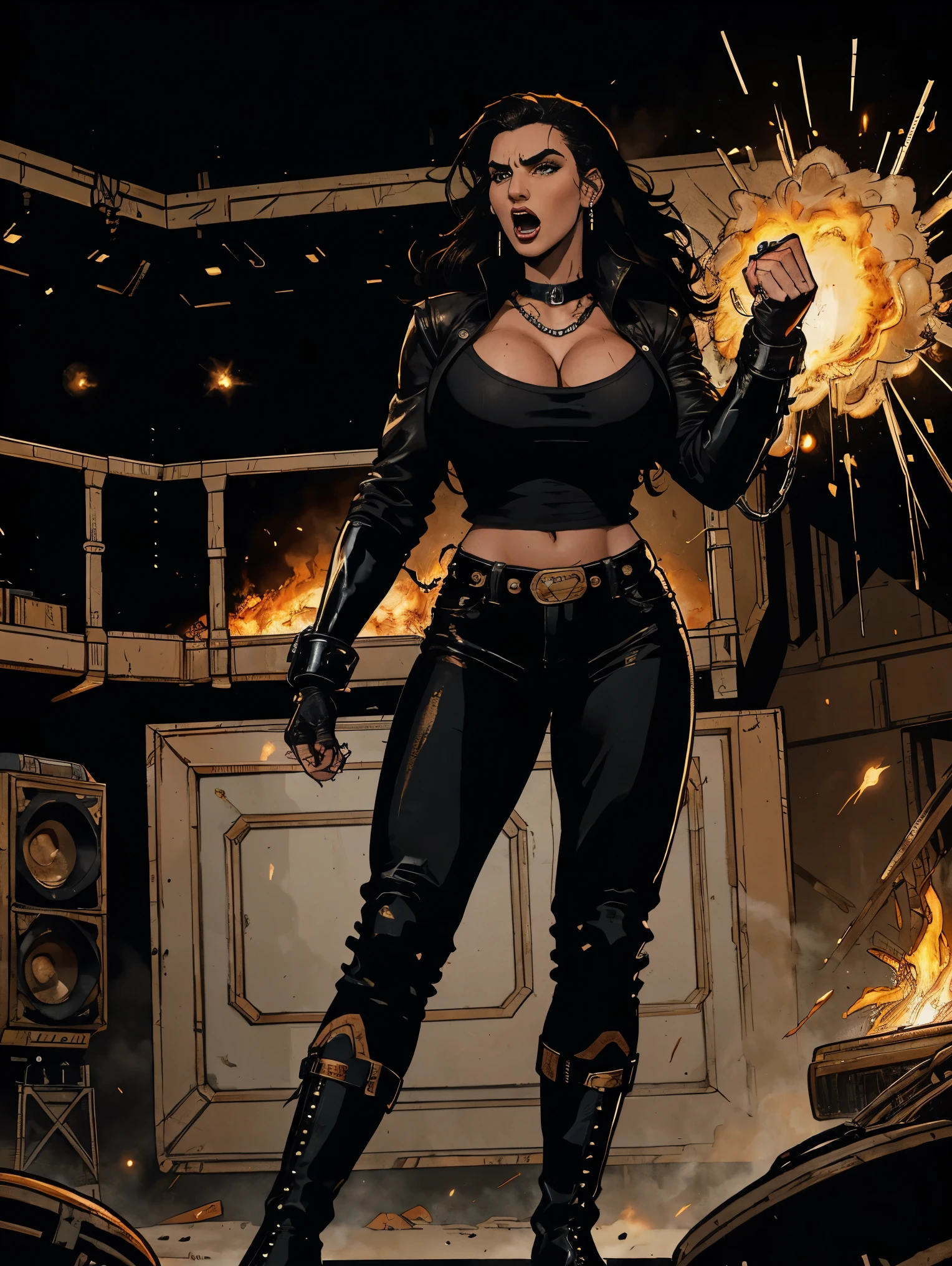 Extremely busty thin and toned brunette death metal singer, college girl, fair skin, big hair, hair pulled back, soft face, athletic, heavy makeup, piercings, black leather, studs, long sleeve black top, boots, fingerless gloves, tight pants, chains. standing on a stage, pyrotechnics, holding a microphone, metal concert. (microphone, fist in the sky), angry, rage, screaming. Heavy metal. Death metal. Explosions, fire.