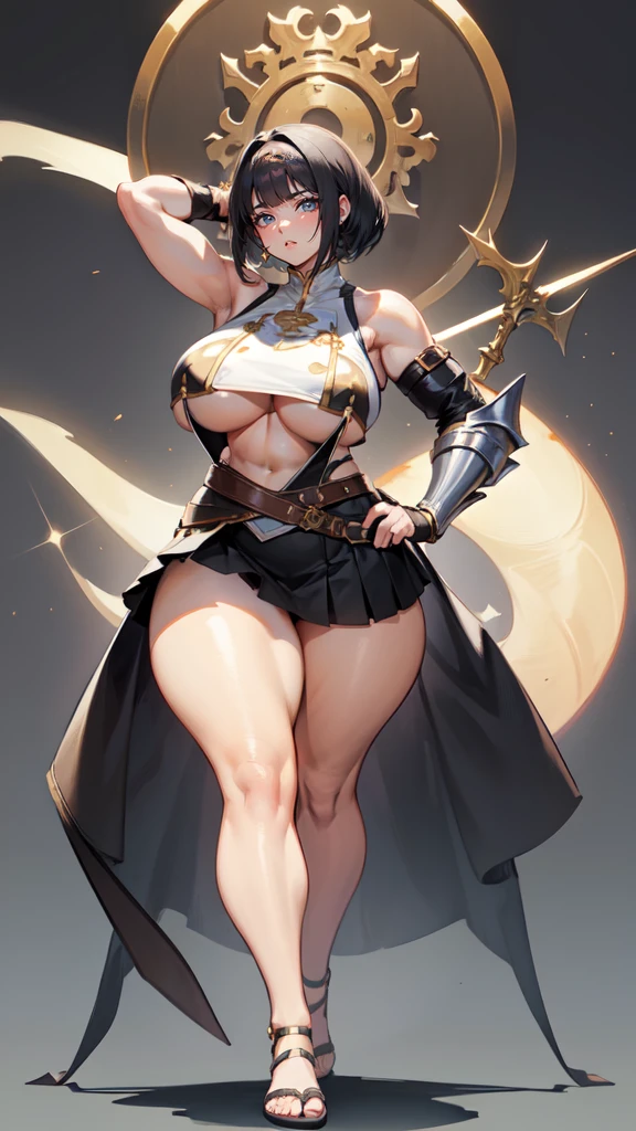 (masterpiece), best quality, female warrior, huge girl, female muscular:1.2, straight hair, black hair, massive breast, curvy, ((thick thighs:1.4)), (((blank background))), ((full body)), fingerless gloves, sandals, sleeveless, covered nipples, (underboobs:1.3), medium hair, thin hair, (very short skirt), blunt bangs