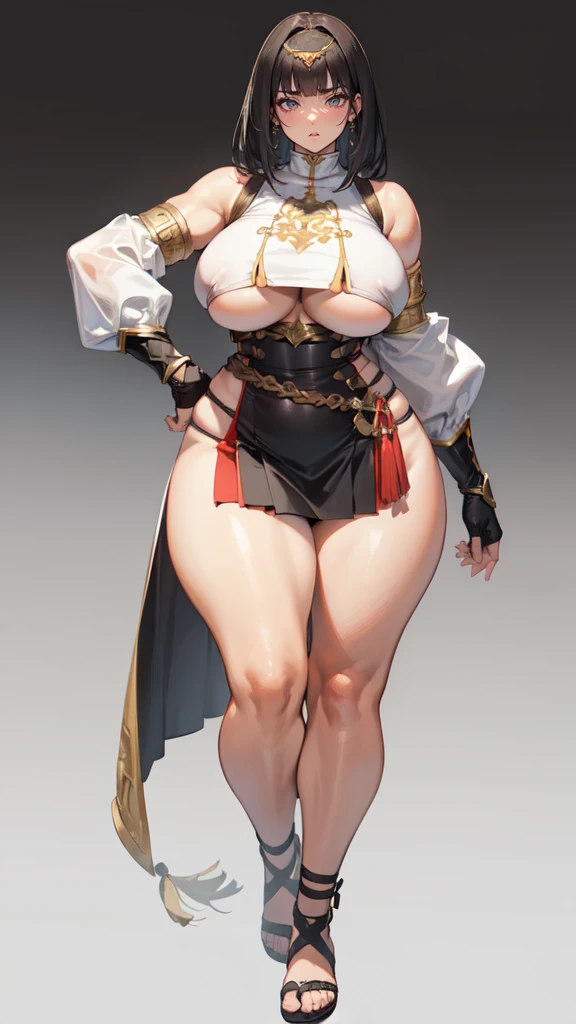 (masterpiece), best quality, female warrior, huge girl, female muscular:1.2, straight hair, black hair, massive breast, curvy, ((thick thighs:1.4)), (((blank background))), ((full body)), fingerless gloves, sandals, sleeveless, covered nipples, (underboobs:1.3), medium hair, thin hair, (very short skirt), blunt bangs