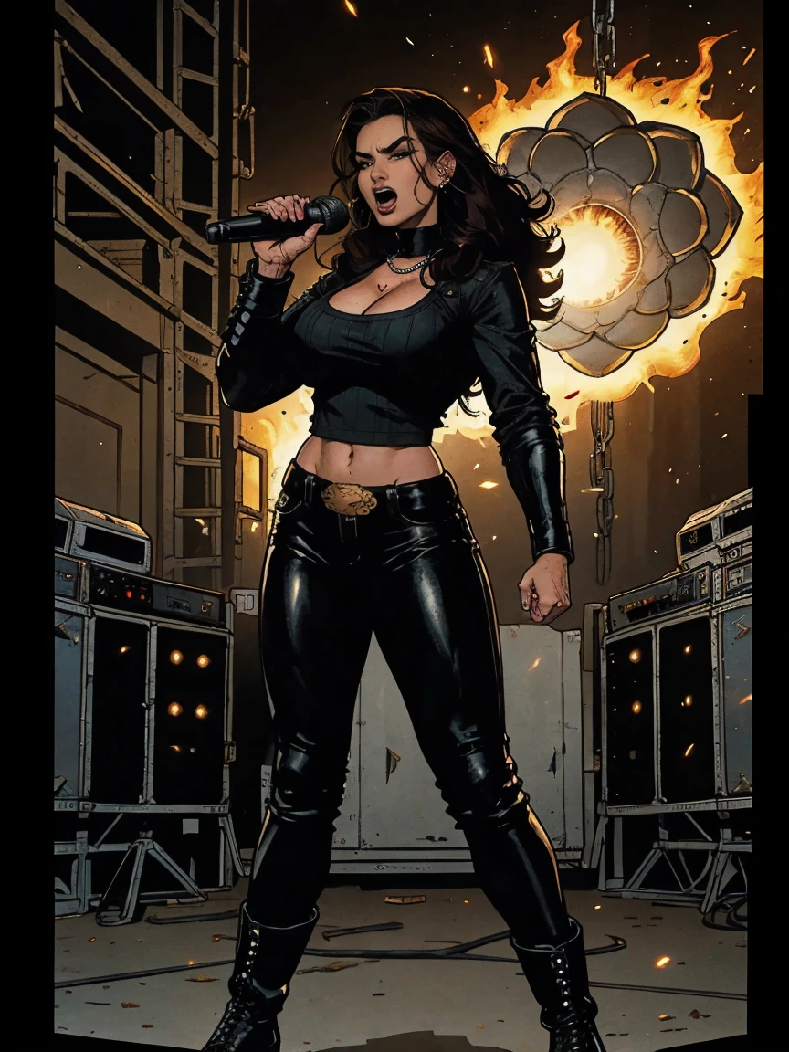 Extremely busty thin and toned brunette death metal singer, college girl, fair skin, big hair, hair pulled back, soft face, athletic, heavy makeup, piercings, black leather, studs, long sleeve black top, boots, fingerless gloves, tight pants, chains. standing on a stage, pyrotechnics, holding a microphone, metal concert. (microphone, fist in the sky), angry, rage, screaming. Heavy metal. Death metal. Explosions, fire.