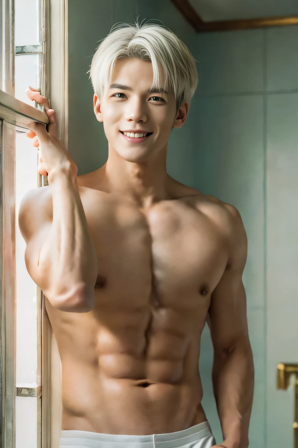 ((masterpiece)), ((best quality)), ((high resolution)), ((Detailed background)), ((Extremely detailed CG unified 8k wallpaper)), alone, Young men,white hair,short hair,Smile,thin waist,6-pack abs,sexly pectoral muscles,sexly, Thin stature,detailed body, In the room,The perspective is viewed from the bottom up ,