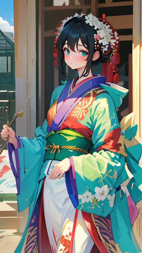 Tabletop, Highest quality, Very delicate and beautiful girl,Very delicate and beautiful, World Masterpiece Theatre, Very detailedな, Very detailed, Highest quality, Very beautiful silky black hair,kimono,Japanese Clothing,落ち着いた色合いのkimono,ナチュラルカラーのkimono, High resolution, Very detailed,1 Girl, Highest quality, shape, Looking at the audience, Material, canvas, Oil, Genuineistic, Realist ,Genuine,Great background,Otherworldly background,