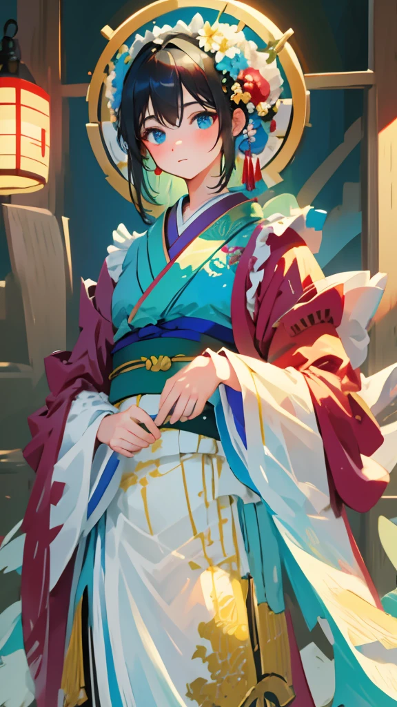 Tabletop, Highest quality, Very delicate and beautiful girl,Very delicate and beautiful, World Masterpiece Theatre, Very detailedな, Very detailed, Highest quality, Very beautiful silky black hair,kimono,Japanese Clothing,落ち着いた色合いのkimono,ナチュラルカラーのkimono, High resolution, Very detailed,1 Girl, Highest quality, shape, Looking at the audience, Material, canvas, Oil, Genuineistic, Realist ,Genuine,Great background,Otherworldly background,