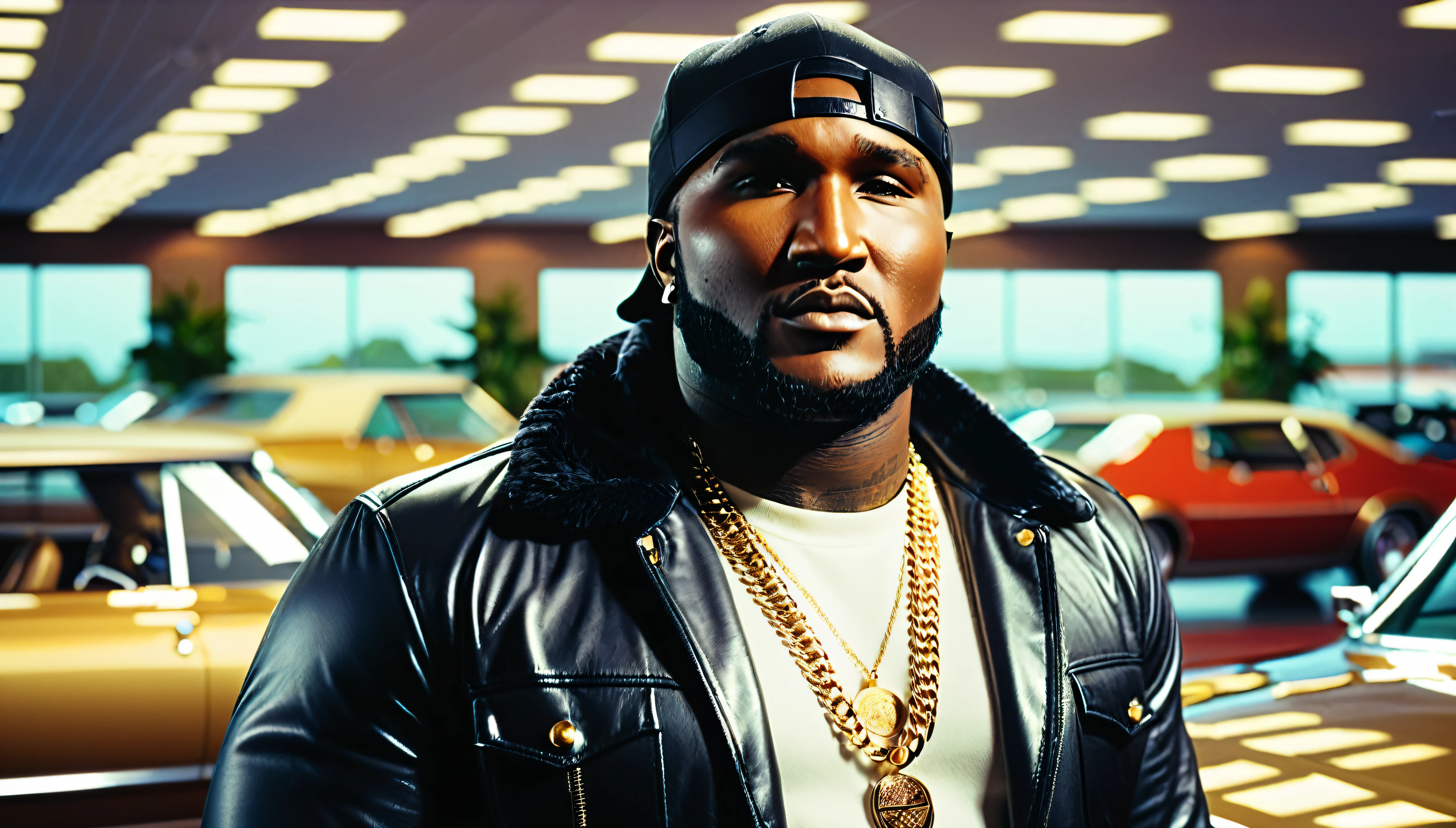 1970s photo of young jeezy at a car dealership, detailed portrait, perfect lighting, dramatic expression, 1970s aesthetic, classic car dealership interior, hyperrealistic, 8k, ultra-detailed, realistic, photorealistic, high quality, studio lighting, sharp focus, physically-based rendering, extreme detail description, professional, vivid colors, bokeh