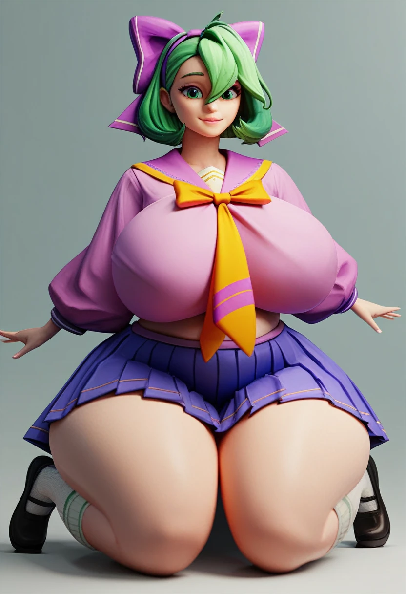 Fraction_9，Fraction_8_direction_7_direction_6_direction_5_direction_4_up，Green short hair，Green Eyes，Tie a bow at the back of your head，Purple and sailor collar，Striped sailor suit，Blue pleated skirt，White socks，leather shoes，Bean eyebrows，Wide hips，Thick thighs，Huge breasts，Huge ass，There is a bow at the back of the hair，Hair between the eyes，Sexy，Cute girl，Green Hair，Everlasting，Positive appearance，Break，Long barrel socks，fat，long sleeve clothes，Purple striped clothes