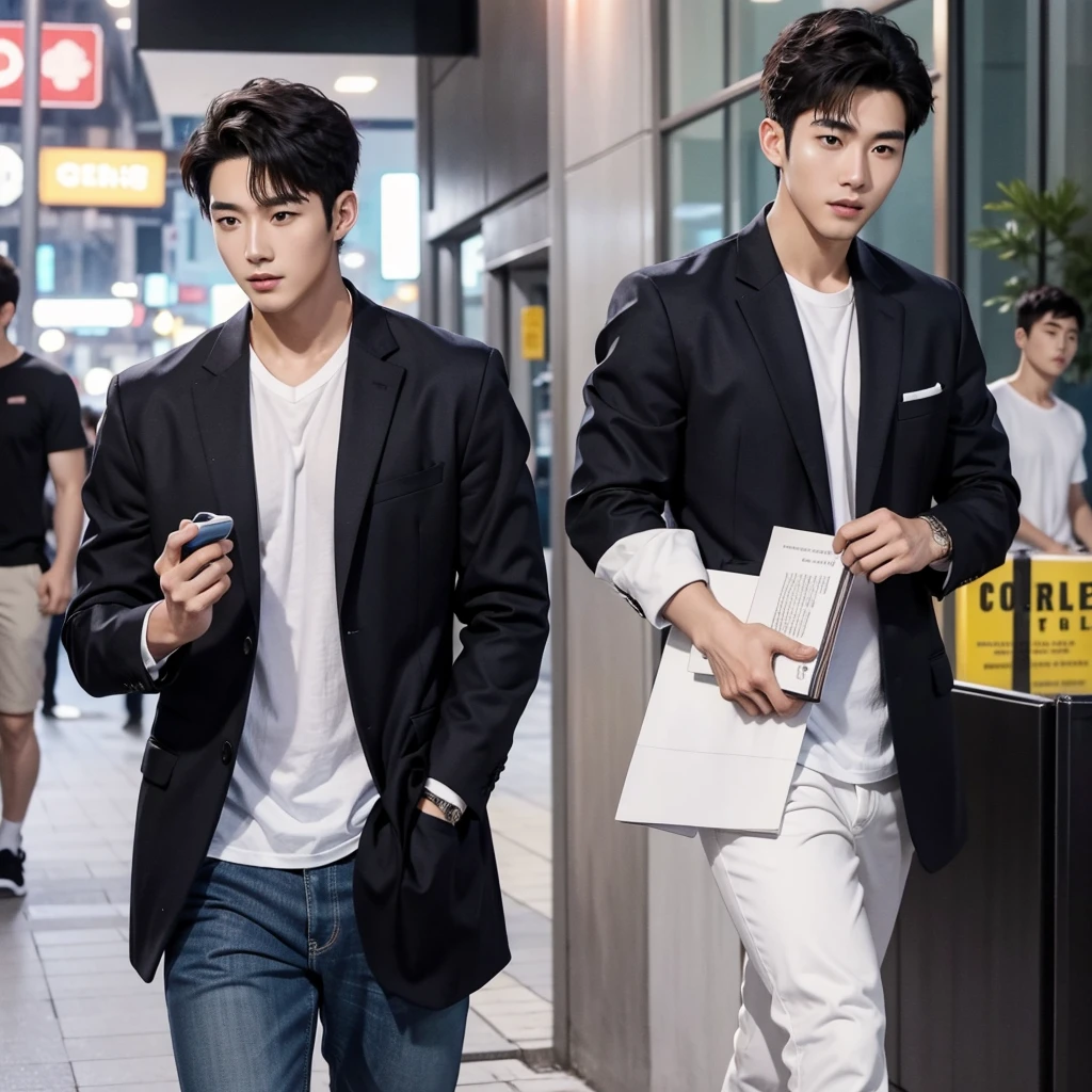 a very handsome a korean man as if he came out of a men's shower gel advertisement model, (wondering), shirt, active, cover book, on the street, crowded