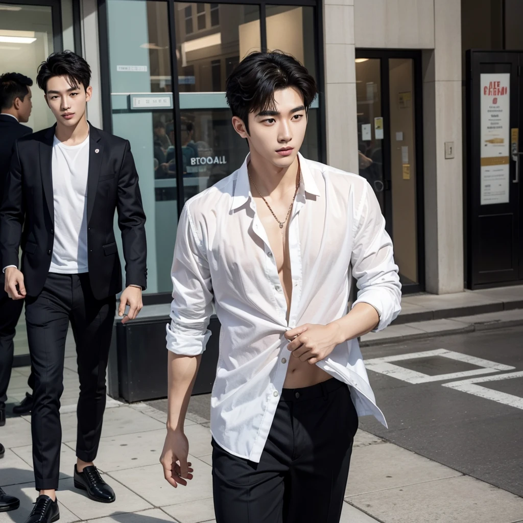 a very handsome a korean man as if he came out of a men's shower gel advertisement model, (wondering), shirt, active, cover book, on the street, crowded