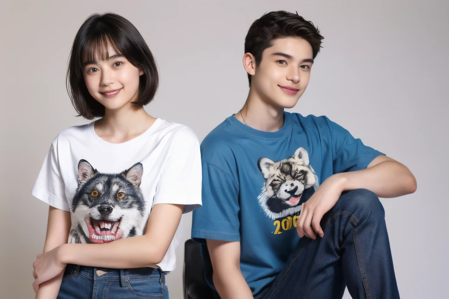 250 (An 18-year-old female and an 18-year-old male), (short hair),kind, lipstick, (jeans), (Animal characterＴshirt), smile