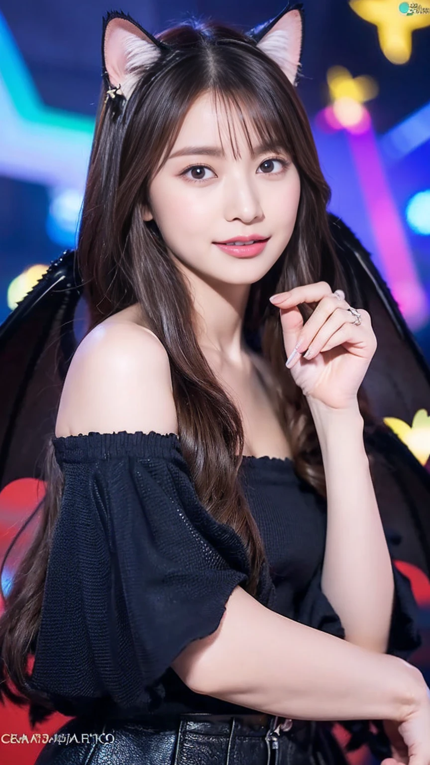 (masterpiece, Highest quality), ((One girl, (Mature Woman) Long Hair), (Star-shaped pupils, +_+, Symbol-shaped pupil, Sparkling eyes), (Cat ear, Open your mouth)), (View your viewers, A light smile, Off the shoulder), (Abstract, Multicolored background, Abstract background, chromatic aberration), vampire, There was blood on my face., Blood on clothes, Bat Wings
