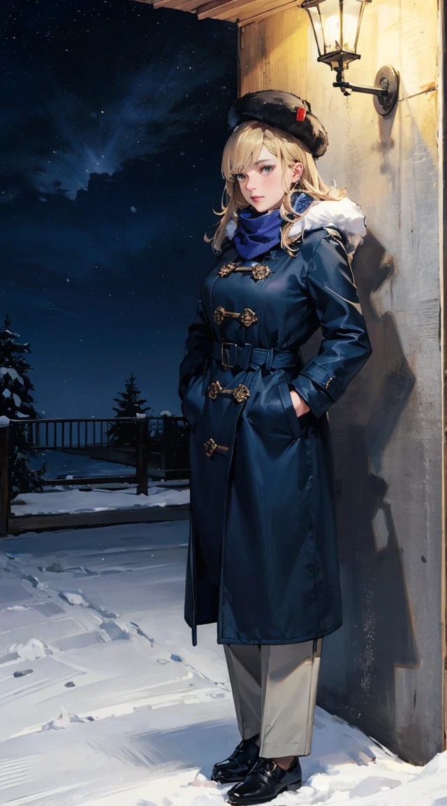 masterpiece, best quality, 8K, colorful, high detail, HDR, wallpaper, best lighting, beautiful face, detailed face, girl, maetel, long hair, blonde hair, fur trim, black headwear, fur hat, dress, engine, stars, (godly:1.25), (monarch:1.05), (creation:1.25), (matter:1.2), ((full body))　　, absurdres, high quality, 1girl, solo, Graf Zeppelin /(Kancolle/), grey eyes, blonde hair, (large breasts:1.3), neutral face, (trousers, scarf, coat, winter coat, long coat, dark blue coat, winter uniform:1.5), gloves, winter hat, lying in snow, lightpole, night, snow, military hat