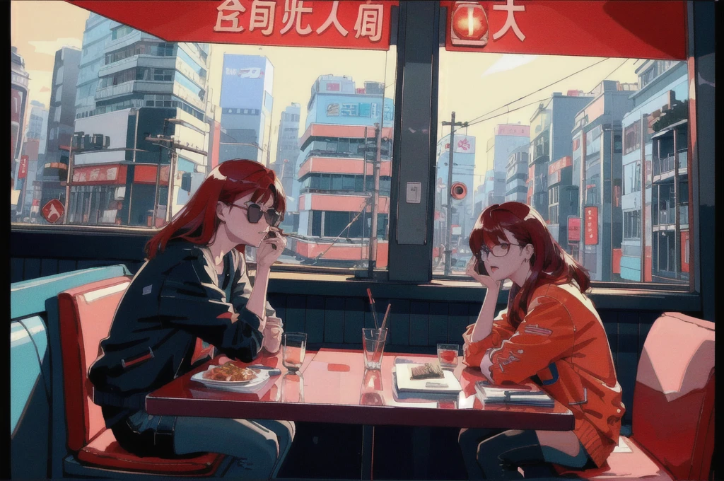 Beautiful redhead Asian girl sitting in a restaurant at night, visible from the window, perfect face, sunglasses, Smoke a white Taylormade cigarette, neon black, (Backlight included: 1.1), solid shadow, masterpiece, best quality, complicated, model shooting style, vintage, film grain, Incomplete details