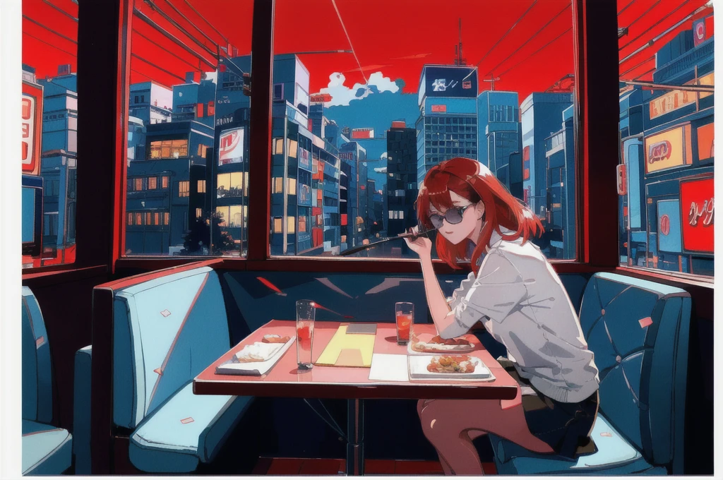 Beautiful redhead Asian girl sitting in a restaurant at night, visible from the window, perfect face, sunglasses, Smoke a white Taylormade cigarette, neon black, (Backlight included: 1.1), solid shadow, masterpiece, best quality, complicated, model shooting style, vintage, film grain, Incomplete details