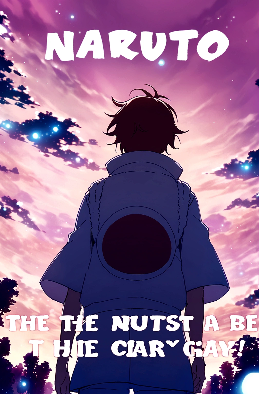 Create an image of an anime character clearly seen from the back, angled slightly from bottom to top. Make sure the character has their back turned. He must be wearing a Naruto Shunin vest, but the rest of your appearance may be generic. The background should be a night sky full of bright stars, creating a magical and serene atmosphere.