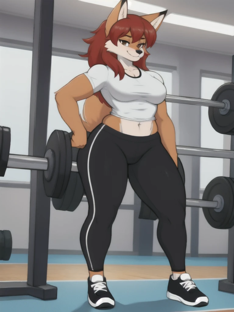 Furry, fox, female, white shirt, black leggings, shoes, gym, teen, standing, full body
