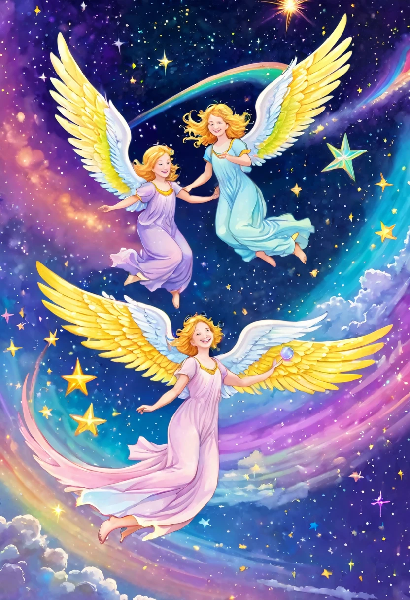 Pastel colored rainbow winged angels happily gliding across the big Milky Way, fun, joy, shooting stars, Venus, Saturn, Earth