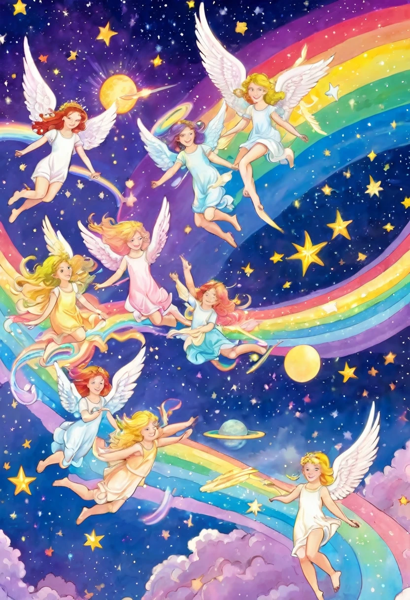 Pastel colored rainbow winged angels happily gliding across the big Milky Way, fun, joy, shooting stars, Venus, Saturn, Earth
