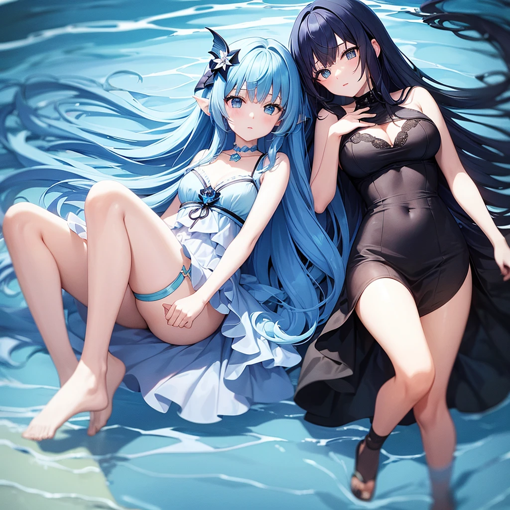 Two more dark blue and light blue hair mermaids sat in the deep ocean