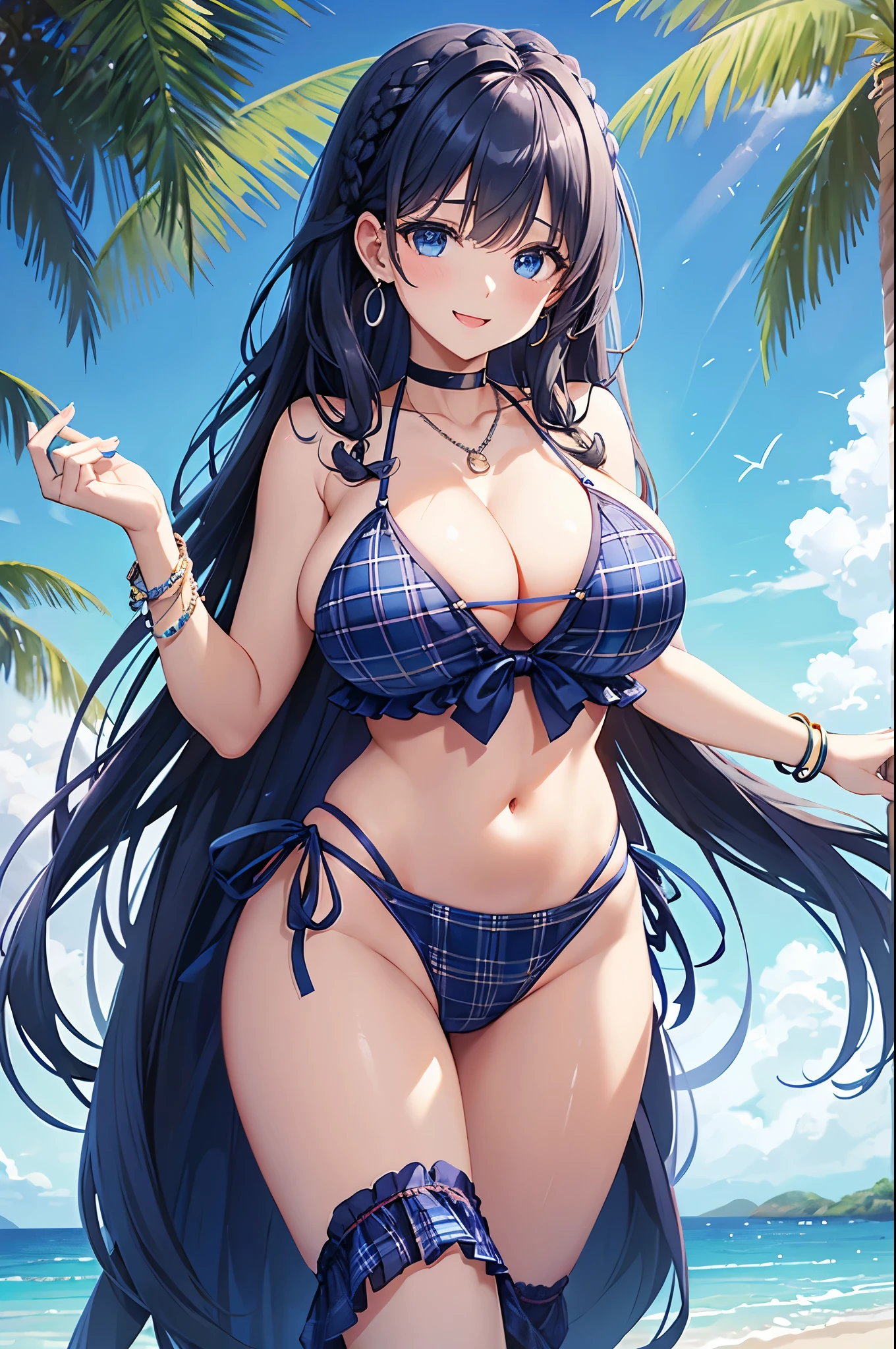 Highest quality、Highest quality、masterpiece、(8K),beauty(Age 25)、Navy blue long hair(Braiding of sides)、blue eyes、Sexy Bikini(Plaid)、Big cleavage、(Big Breasts)、smile、blue necklace、Blue Earrings、background(Beach)、Please open your mouth wide、bracelet、Arching pose、Blue choker