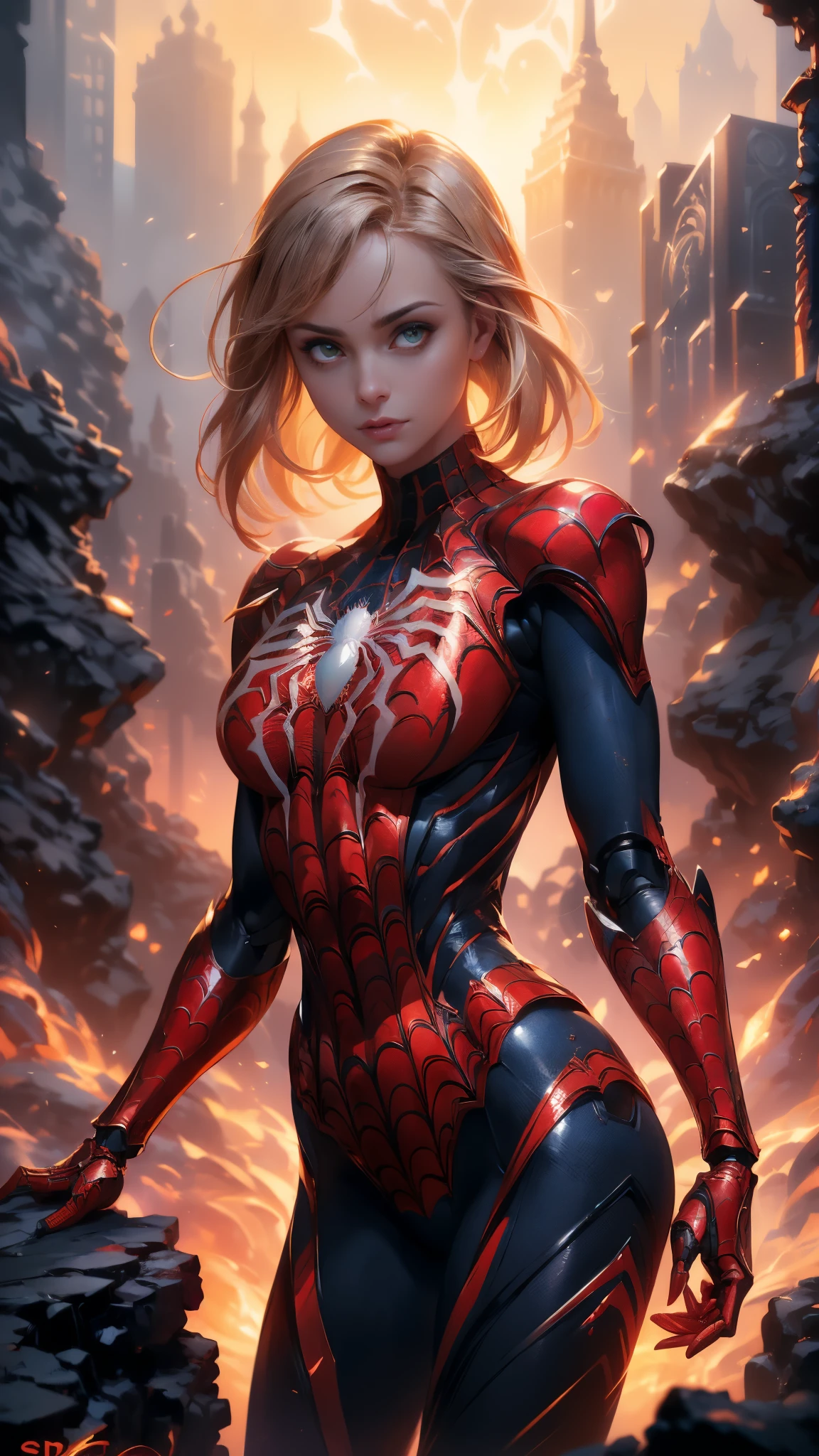 (1girl:1.3), Solo, (((Very detailed face)))), ((Very detailed eyes and face)))), Beautiful detail eyes, Body parts__, Official art, Unified 8k wallpaper, Super detailed, beautiful and beautiful, beautiful,(BodySuit látex Spiderman cyborg transparent :1.4), masterpiece, best quality, original, masterpiece, super fine photo, best quality, super high resolution, realistic realism, sunlight, full body portrait, amazing beauty, dynamic pose, delicate face, vibrant eyes, (from the front),( She wears Spider-Man suit:1.4) , (red and black color scheme:1.4) , spider, very detailed city roof background, rooftop, overlooking the city, detailed face, detailed complex busy background, messy, gorgeous, milky white, highly detailed skin, realistic skin details, visible pores, clear focus, volumetric fog, 8k uhd, DSLR, high quality, film grain, fair skin, photo realism, lomography, futuristic dystopian megalopolis, translucent, Epic Fantasy Art Style HD, 4K fantasy art, epic fantasy digital art style, epic fantasy art style, Fantasy Woman, epic fantasy art portrait, Epic fantasy style, hyperrealistic fantasy art, hd fantasy art, Epic fantasy character art, epic fantasy art, in style of dark fantasy art, epic fantasy digital art, (pose dinámica vaquero), (anatomía perfecta :1.4), (iluminación cinematográfica :1.4), (colores brillantes), (cyborg mecánica spider man white :1.4) 