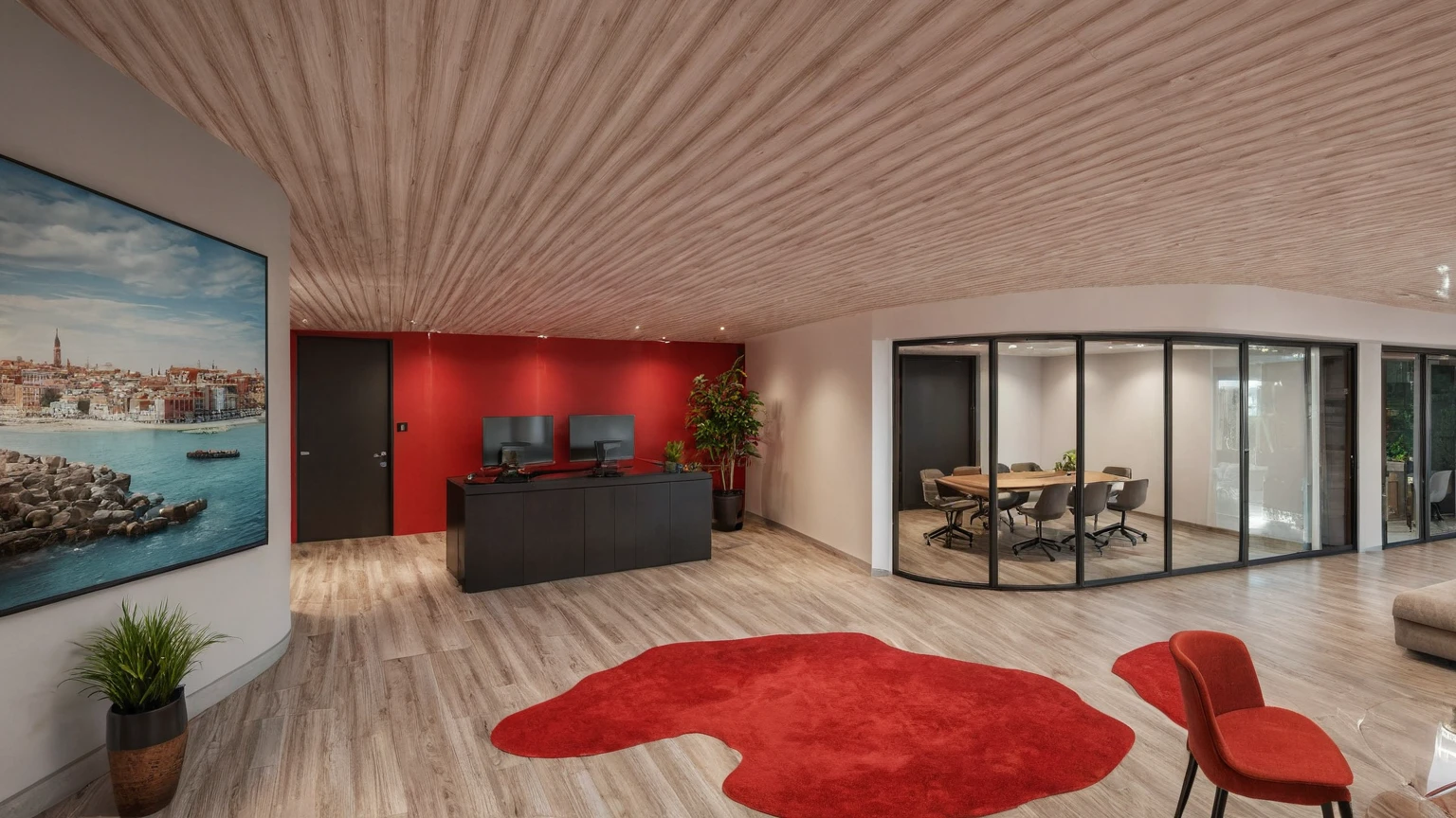 Raw photo, Masterpiece, high quality, best quality, authentic, super detail, interior, indoors, office style modern, plant, armchair, reception, tv, carpet floor red color,white-washed ceiling, daylight, table dining, daylight:2.2), vivid colors, (realistic:2.3),