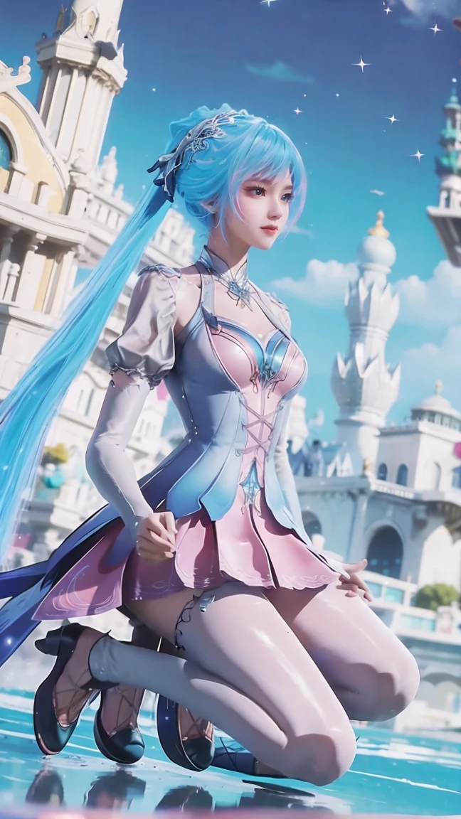 Cartoon woman kneeling on the starry sky, Water splashes at the knees,CG Social Trends, Smooth anime CG art, Starry sky background,Full body view,Royal sister kneeling posture,Double tail,Colored hair,Pink and Blue Ombre Hair
