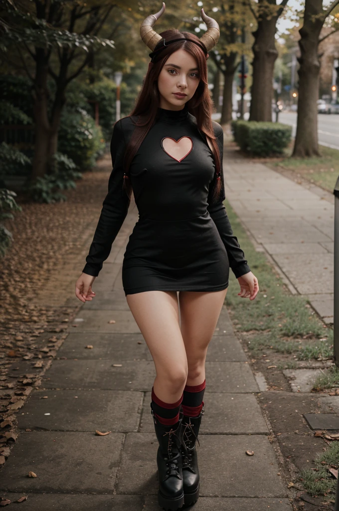 girl in short black dress with tight long sleeves, heart harness on a thigh , platform ankle boots with red laces, loose hair and a headband of horns