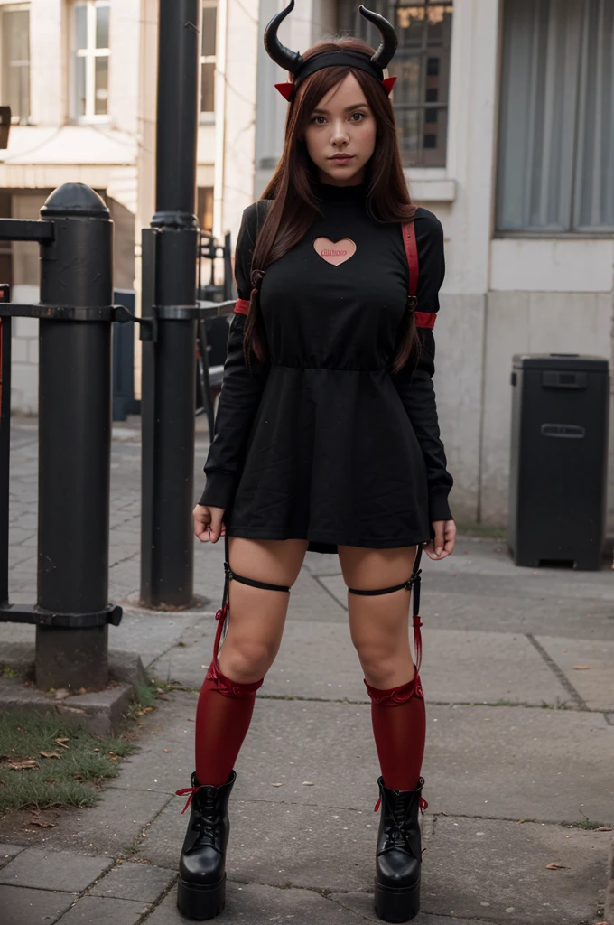 girl in short black dress with tight long sleeves, heart harness on a thigh , platform ankle boots with red laces, loose hair and a headband of horns