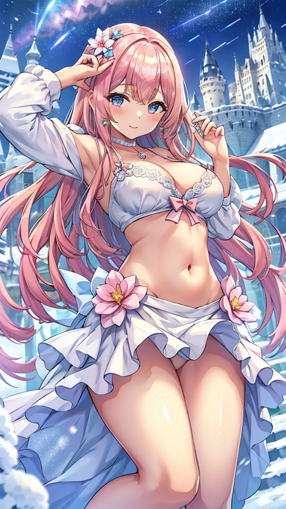 Masterpiece、Highest quality、Super detailed、1 girl、Light pink hair、Fluffy and soft long hair、Starry Skyのような瞳、、Cleavageerboob is visible、Castle、snow、Starry Sky、smile、Earrings、choker、Composition seen from below、Belly button、Lower milked