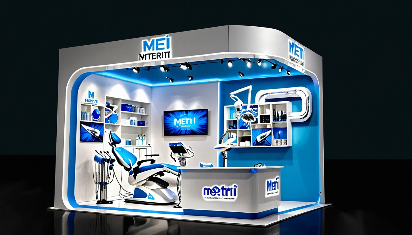 A large exhibition stand for the "metrii" brand in white and blue colors, featuring dental chairs, digital screens displaying teeth images, dental instruments on display shelves, LED lighting with a logo of an "axe shape", modern design, white background, high resolution, professional photography, studio light, HDR, 30K sharp focus, hyperrealistic, intricate details, detailed textures in the style of a hyperrealistic photography.