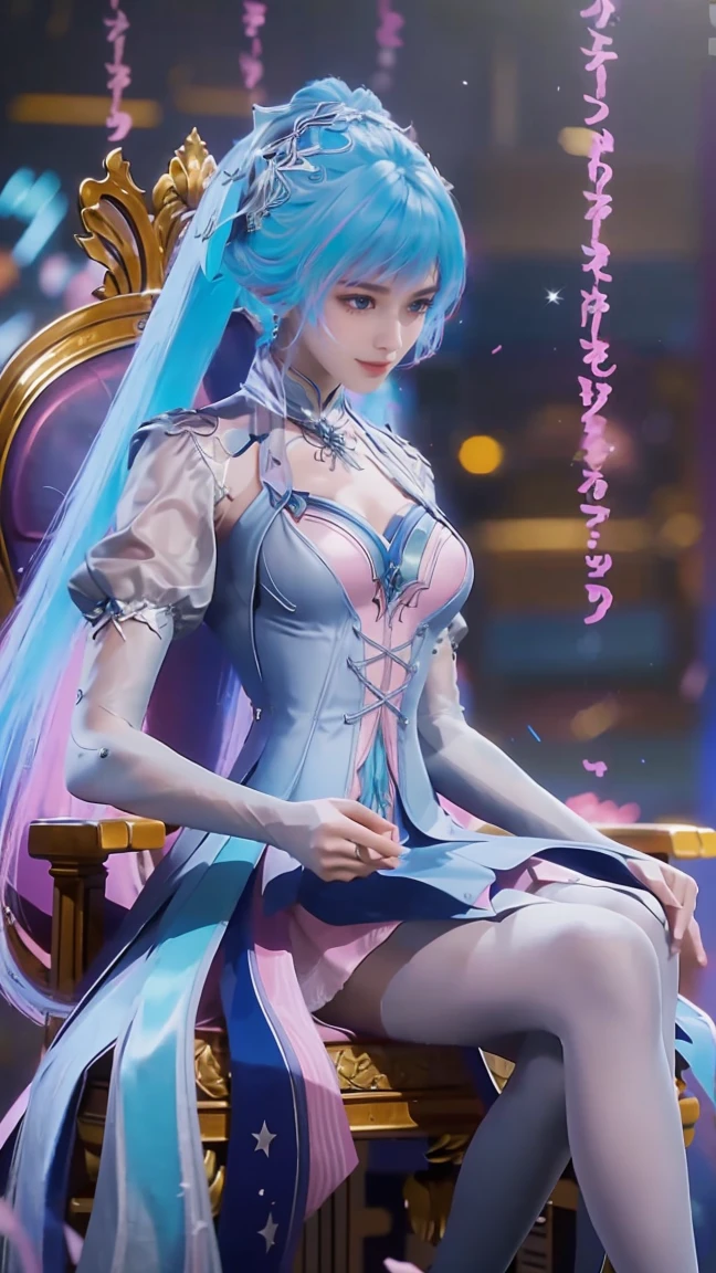 Arad woman in a dress sitting on a throne, cute anime waifu in a nice dress, trending on cgstation, 8K high quality detailed art, anime barbie in white, highly detailed exquisite fanart, Extremely detailed Artgerm, the anime girl is crouching, Flowing magic robe, Beautiful and attractive anime woman, WLOP 和 Sakimichan，Double tail，Colored hair，Pink and Blue Ombre Hair