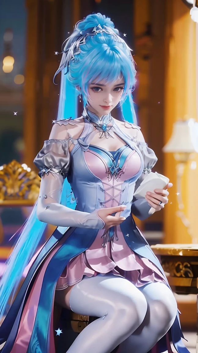 Arad woman in a dress sitting on a throne, cute anime waifu in a nice dress, trending on cgstation, 8K high quality detailed art, anime barbie in white, highly detailed exquisite fanart, Extremely detailed Artgerm, the anime girl is crouching, Flowing magic robe, Beautiful and attractive anime woman, WLOP 和 Sakimichan,Double tail,Colored hair,Pink and Blue Ombre Hair