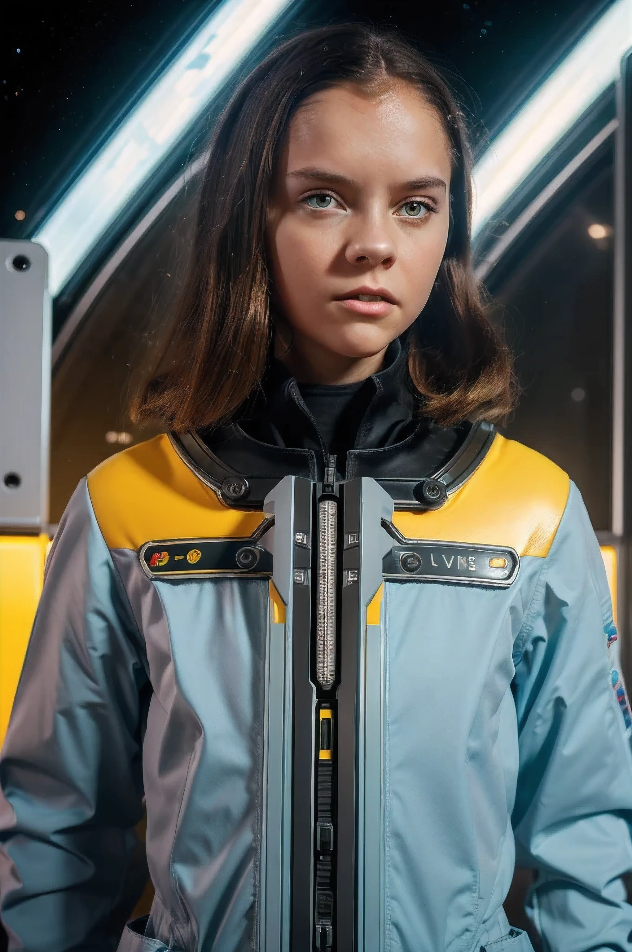 (***********, ************, Brown hair, photorealistic, pale skin), (yellow (eyes:1.2)), (slim build:1.3), (fantasy space suit), beautiful face, symmetrical face, greg rutkowski, Wlop and Sam Kuvshinov, (wide), blonde eyelashes, large iris, large pupil, whole body, standing at the bottom of the cosmodrome, art station, 8k, Science fiction, pastel colours, accessories, panel, concept, futuristic, grumble, simon stalenhag, space, in outer space, a spaceship in the sky, technological blocks