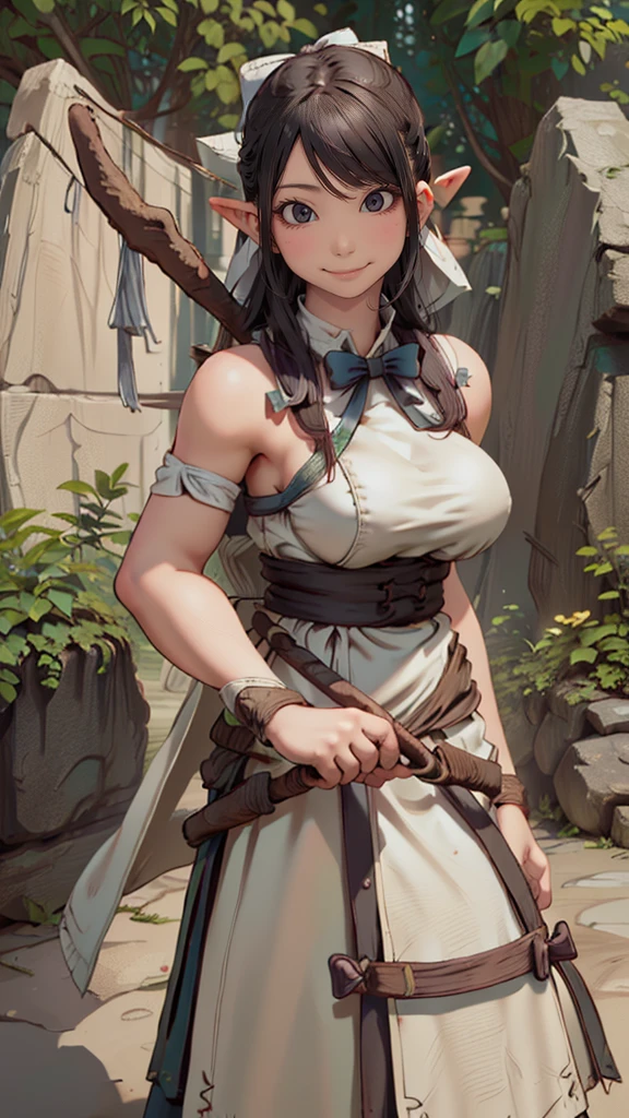 (cute elf ),(archer clothes),(holding bow:1.5),(messy hairstyle),(large breasts:1.5),in forest background,(Highest image quality, (8K), Ultra-realistic, Best Quality, High quality, High Definition, high quality texture, high detailing, Beautiful detailed, fine detailed, extremely details CG, Detailed texture, realistic representation of face, masterpiece, presence)