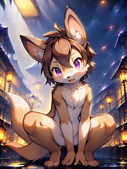 Civet cat, , cute, (alone), (((Has brown and white fur))), Big purple eyes, Blushing, smile, Open your mouth, walking, night, Ancient Asian cities, bright street lights, Blue and black slate road, Empty Streets, Starry Sky, Shadow, Detailed facial depiction, ((Accurate hand drawing)), レンブラントの光とShadow, Ultra-fine，Completely naked，Naked，Naked，Full nudity，Nude，Barely，Fully visible，Spread your legs and point your crotch，Embarrassing，Embarrassed look，On all fours，Put your hands and feet on the ground，Sit like a dog，quadruped，Accurate hand and foot count，shame，A furry in heat，first round，Fantasy，Anime-style depiction，