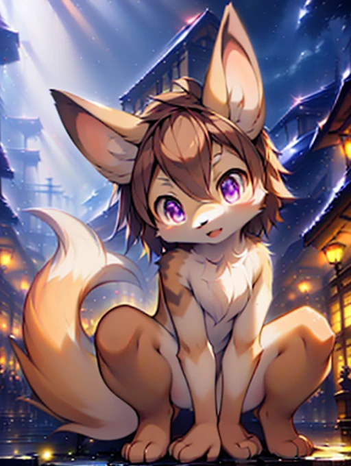 Civet cat, **********, cute, (alone), (((Has brown and white fur))), Big purple eyes, Blushing, smile, Open your mouth, walking, night, Ancient Asian cities, bright street lights, Blue and black slate road, Empty Streets, Starry Sky, Shadow, Detailed facial depiction, ((Accurate hand drawing)), レンブラントの光とShadow, Ultra-fine，Completely naked，Naked，Naked，Full nudity，Nude，Barely，Fully visible，Spread your legs and point your crotch，Embarrassing，Embarrassed look，On all fours，Put your hands and feet on the ground，Sit like a dog，quadruped，Accurate hand and foot count，shame，A furry in heat，first round，Fantasy，Anime-style depiction，Male furry，