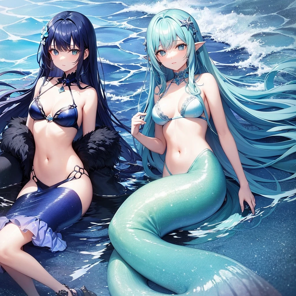 Two more dark blue and light blue hair mermaids sat in the deep ocean A mermaid 