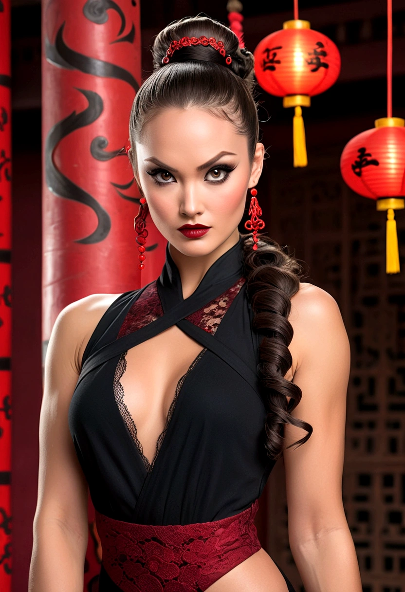 Tori Black asian ninja warrior holding sharp hairpins, ringlets wavy five feet long black hair, updo hairstyle with ponytail on one side and long hairpins holding the bun, dark red glossy lips, heavy black eye shadow long black eyeliner, long sharp nails, black lace beautiful and creative sleeveless ninja warrior bodysuit, huge cleavage, forehead lace ornament, posing in a Shaolin temple interior, happy expression, dark ambience night time candle lights. No faces on her chest!