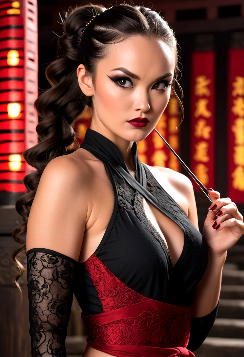 Tori Black asian ninja warrior holding sharp hairpins, ringlets wavy five feet long black hair, updo hairstyle with ponytail on one side and long hairpins holding the bun, dark red glossy lips, heavy black eye shadow long black eyeliner, long sharp nails, black lace beautiful and creative sleeveless ninja warrior bodysuit, huge cleavage, forehead lace ornament, posing in a Shaolin temple interior, happy expression, dark ambience night time candle lights. No faces on her chest!