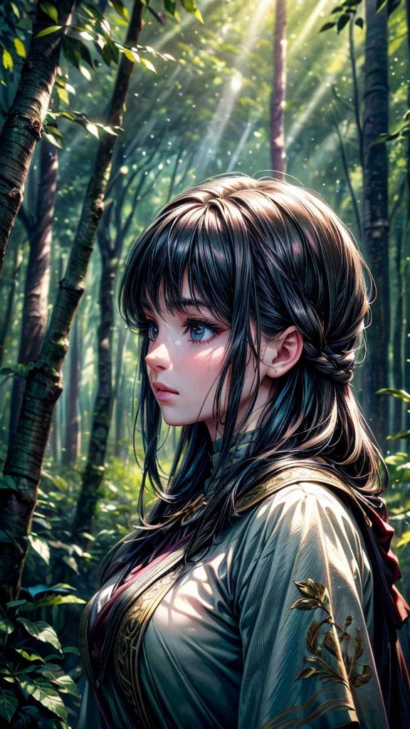 intricate detailed portrait of a archer in a forest, beautiful detailed eyes, beautiful detailed lips, extremely detailed face and hair, long eyelashes, warrior archer, holding a bow, forest background, sunlight shining through the trees, stunning lighting, serene and tranquil atmosphere, dynamic pose, photorealistic, (best quality,4k,8k,highres,masterpiece:1.2),ultra-detailed,(realistic,photorealistic,photo-realistic:1.37),cinematic,dramatic lighting,vibrant colors,nature,wilderness