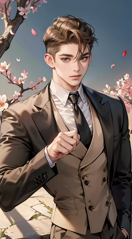 ((masterpiece)),(((best quality))), (detailed light) (detailed shadow), (high quality, breathtaking),(expressive eyes, perfect face), 1man, solo, male, tall, (mature), board shoulder, muscular, (((undercut hairstyle))), short brown hair, ((light brown eyes))), happy smiling face, black suit, white tie, oak tree background, flower petal flying, windy, look at viewer,