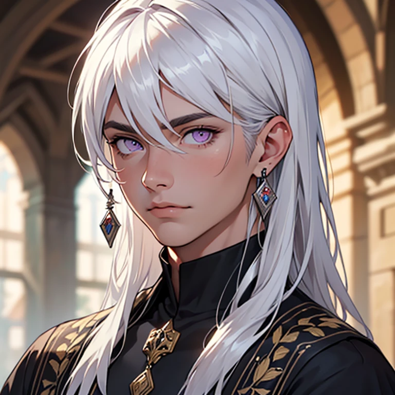 highest quality, high resolution CG Unit 8k wallpaper, (depth of field: 1.5), fidelity: 1.3, (best quality, artwork, masterpiece, 4k), solo, male, light skin, straight hair, handsome young man, detailed background of a castle, purple eyes, masterpiece, age 18, serene expression, perfect body, detailed face, intricate eyes, beautiful detailed eyes, symmetrical eyes, long hair, (((platinum-white hair))), perfect face, neat hair style, perfect proportions, finely detailed, ultra-detailed, masculine features, earrings, wearing realistic medieval clothing with silver embroidery