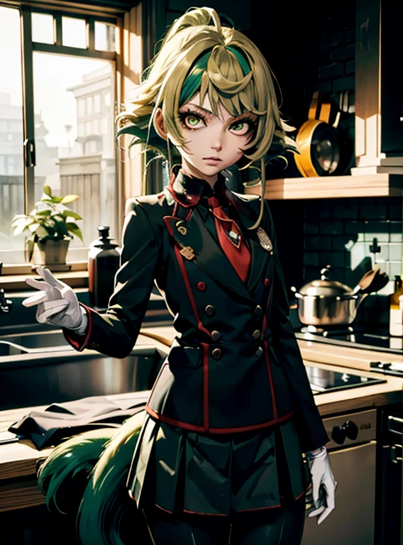 kakutomiku, Yellow eyes, Long hair and tail flashing, Multicolored hair,Green hair, Black jacket, long sleeves, Necktie, gloves, Long pants skirt to the viewer , serious , simper, 
Inside, kitchen, Pokemon contract (Creature), Maximum detail, Tafah, Beautiful quality, 