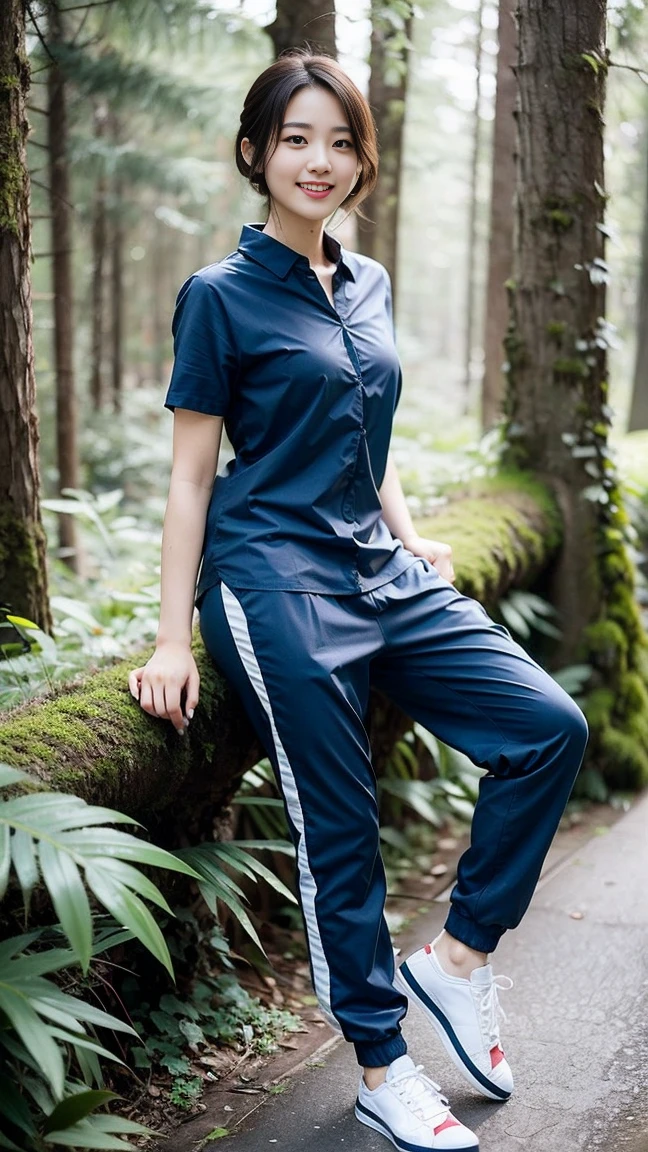 masterpiece, best quality, Surreal, Ultra Detailed, 8k resolution, RAW photos, Clear focus, (A girl in the forest), ((navy blue shirt:1.1)), Short sleeve, Long sweatpants,Full body posture, Solitary, Perfect body, Become a, 32 inches in the chest,(a charming smile:1), (sexy pose),26 years old, light,White shoes