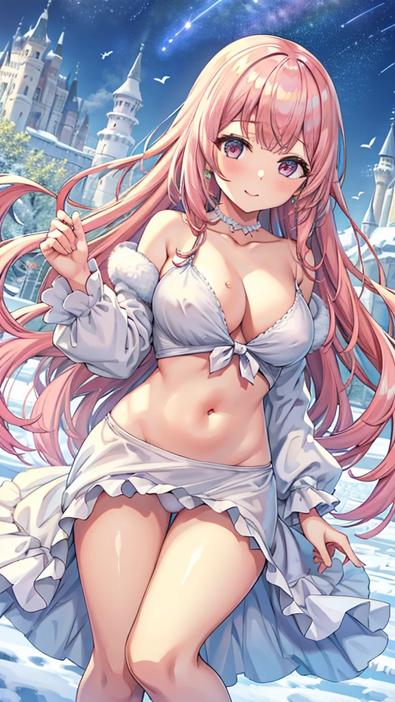 Masterpiece、Highest quality、Super detailed、1 girl、Light pink hair、Fluffy and soft long hair、Starry Skyのような瞳、Big Tits、Cleavage、The underboob is visible、Castle、snow、Starry Sky、smile、Earrings、choker、Composition seen from below、Belly button、Lower milk、naked、Nipples are visible、Peeing