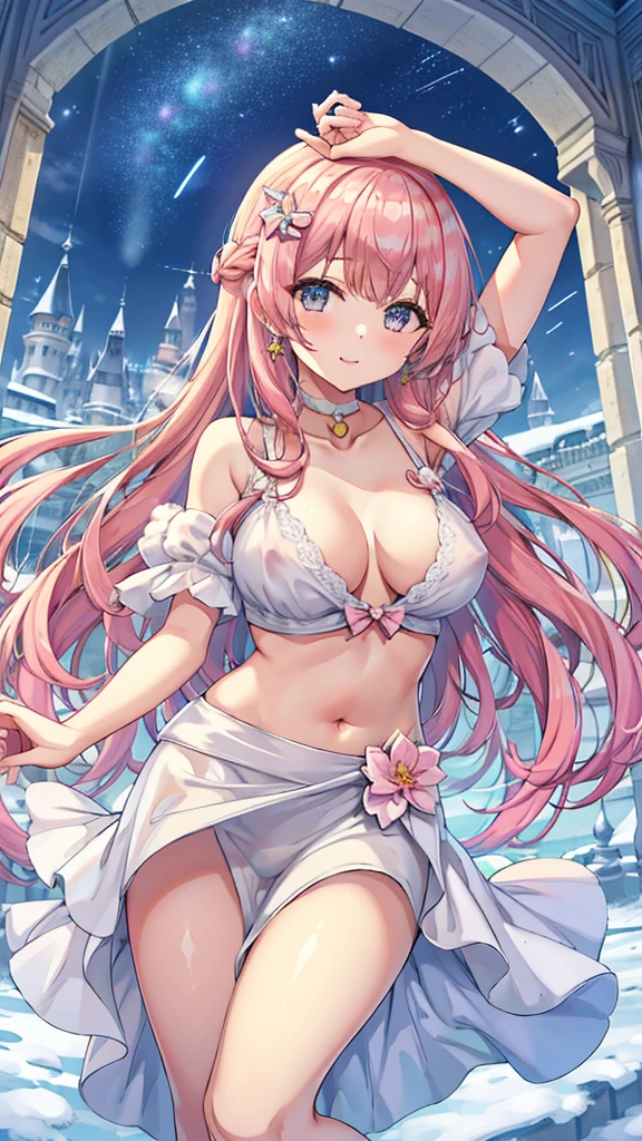 Masterpiece、Highest quality、Super detailed、1 girl、Light pink hair、Fluffy and soft long hair、Starry Skyのような瞳、Big Tits、Cleavage、The underboob is visible、Castle、snow、Starry Sky、smile、Earrings、choker、Composition seen from below、Belly button、Lower milk、naked、Nipples are visible、Peeing