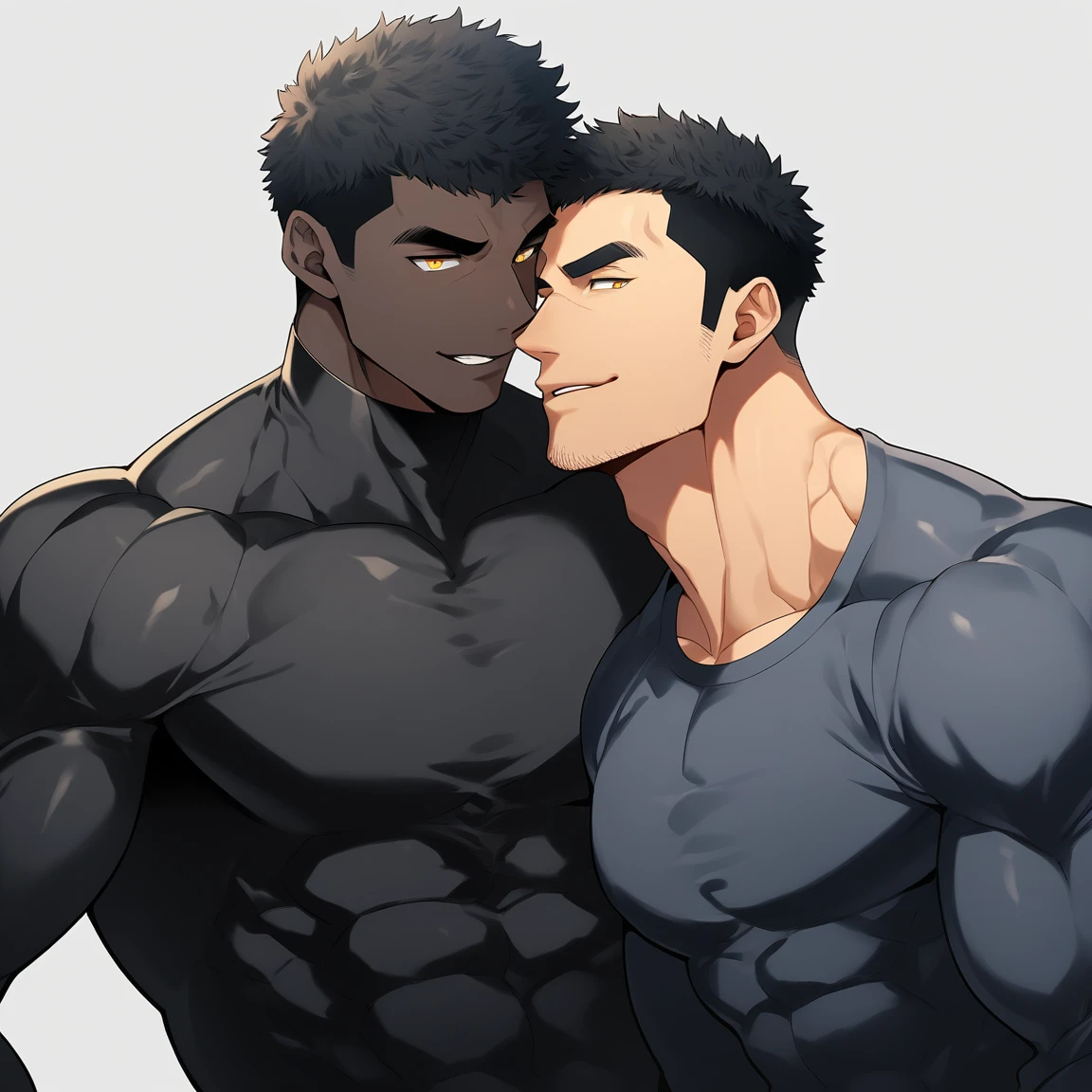 anime characters：Two superheroes in tights, Muscle superhero,  black skin, They hugged and kissed each other, Bite your neck, Caress, Manliness, male focus, Yellow and black high collar long sleeve tight T-shirt, Slightly transparent material, Very tight, Round, full and perky chest muscles, Muscle waist, Slightly transparent, muscular male, muscular, only, Upper body, alone, Black short hair, Thick eyebrows, stubble, Yellow eyes, Grey background, simple background, amazing quality, best aesthetics, Ridiculous, bright pupils, crew cut, parted lips, seductive smile, torogao, naughty face, drop shadow, best quality