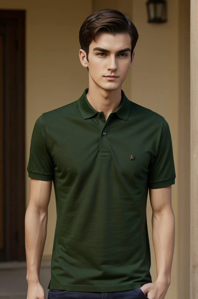 P tall thin boy with medium dark green polo shirt hidden three light a little also medium short straight hair without muscles and slightly arched eyebrows