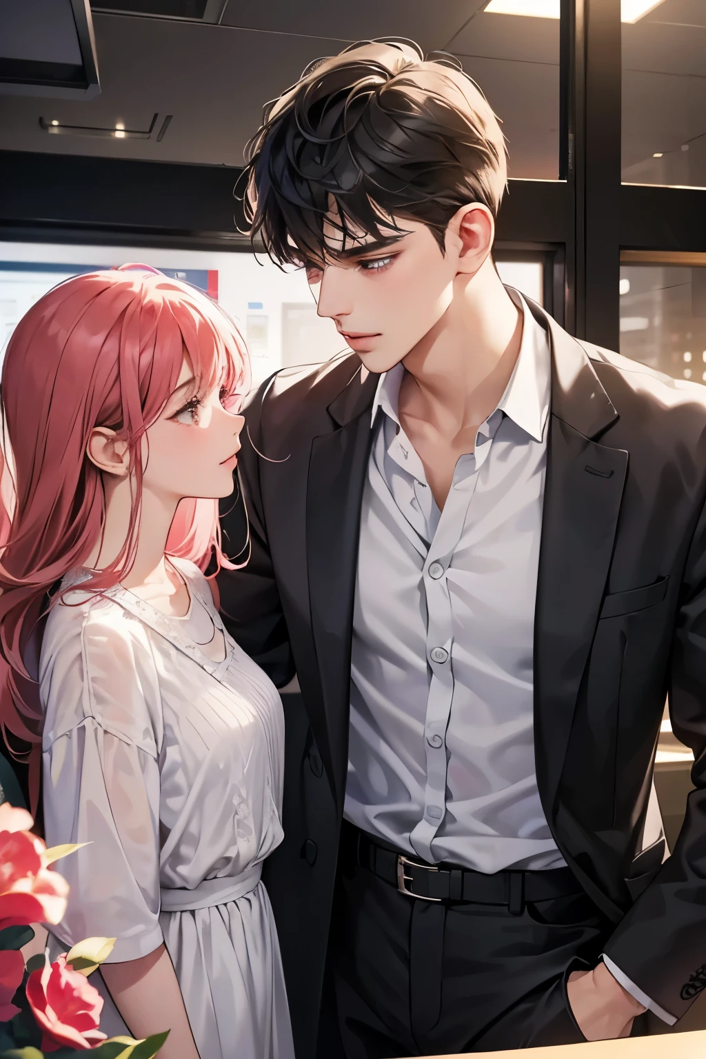 Image:
• A close-up shot of a man in a suit (representing Chris the CEO) embracing a younger woman dressed semi-casually (representing Jenny the intern). Their faces could be slightly obscured to keep an air of mystery.
• An office setting in the background, blurred, with the couple in the foreground to symbolize their workplace romance.
• Could use warm lighting and some bokeh effects to create a romantic, dreamy vibe.
Color Scheme:
• Use rich, saturated colors like red, purple or fuchsia to convey passion and romance.
• Accents of black or charcoal could represent the corporate world.
• Some pops of white or soft neutrals like tan could offset the deeper tones.